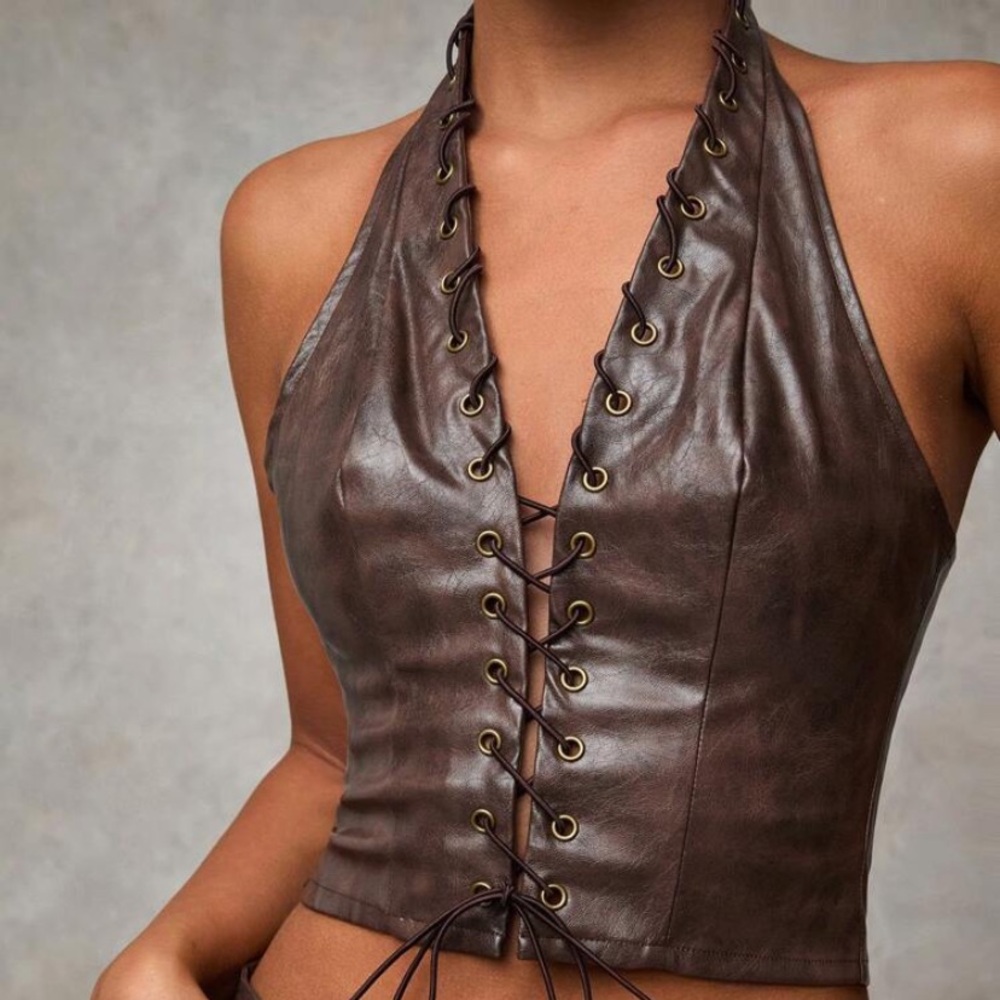 SHEIN Brown Sleeveless Tie Front Crop Top